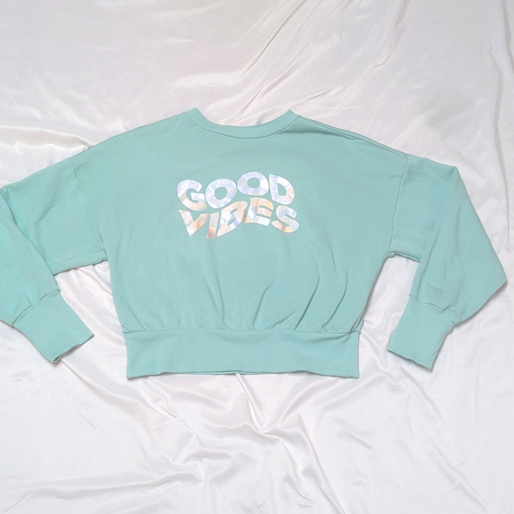 Seafoam Green "Good Vibes" Holographic Crop Boxy Crew Neck Sweatshirt Med Tall